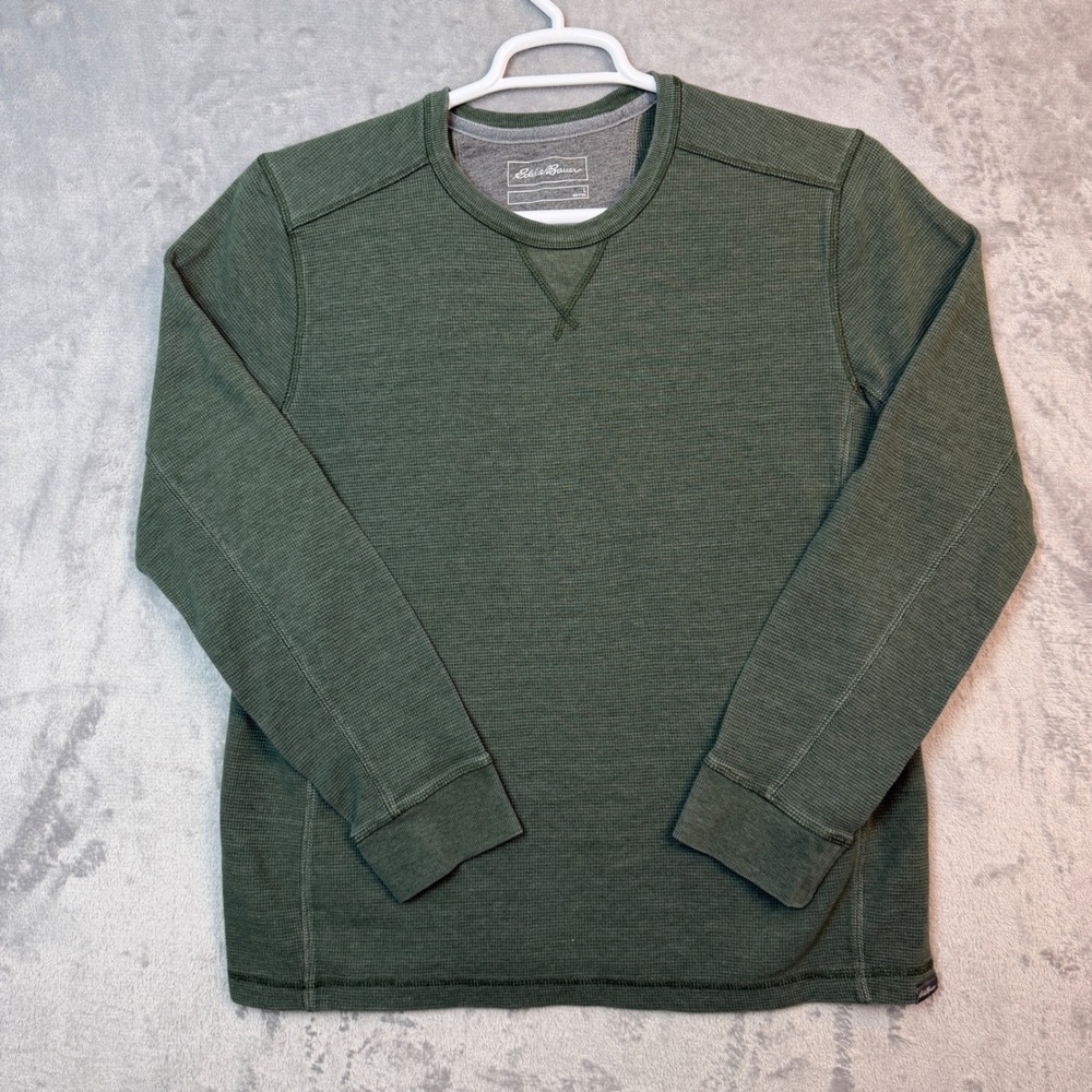 Eddie Bauer Waffle Knit Thermal Shirt Men L Green Crewneck Hiking Gorpcore Comfy
